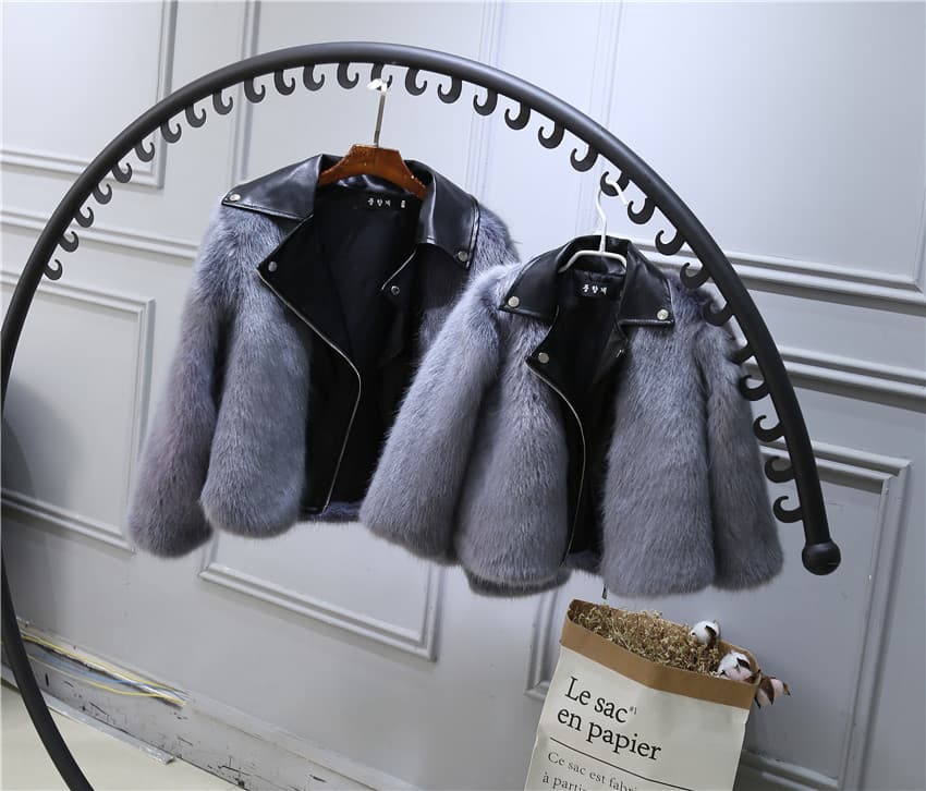 Kids Faux Fox Fur Motorcycle Jacket, Thickened Short Style with Fur Lining