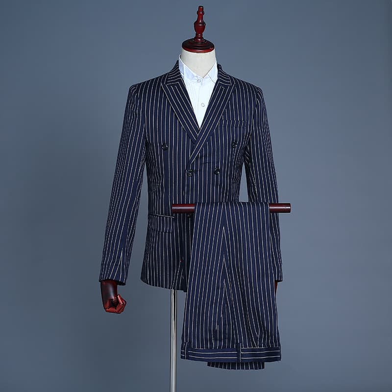 Men's suit dress performance photo studio suit performance clothing host navy blue white striped vest three-piece set