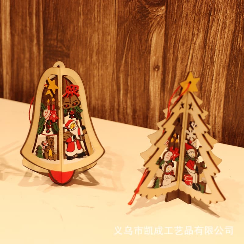 Christmas Decoration Five-Pointed Star Bell Hanging Ornament Wooden Carved 3D Pendant for Christmas Tree Window