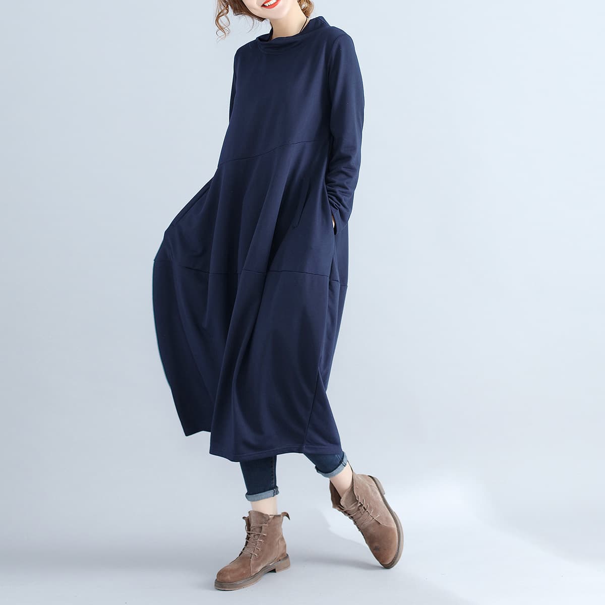 2026 spring, autumn and winter retro solid color lantern skirt half turtleneck temperament cotton and linen splicing long-sleeved dress women's clothing