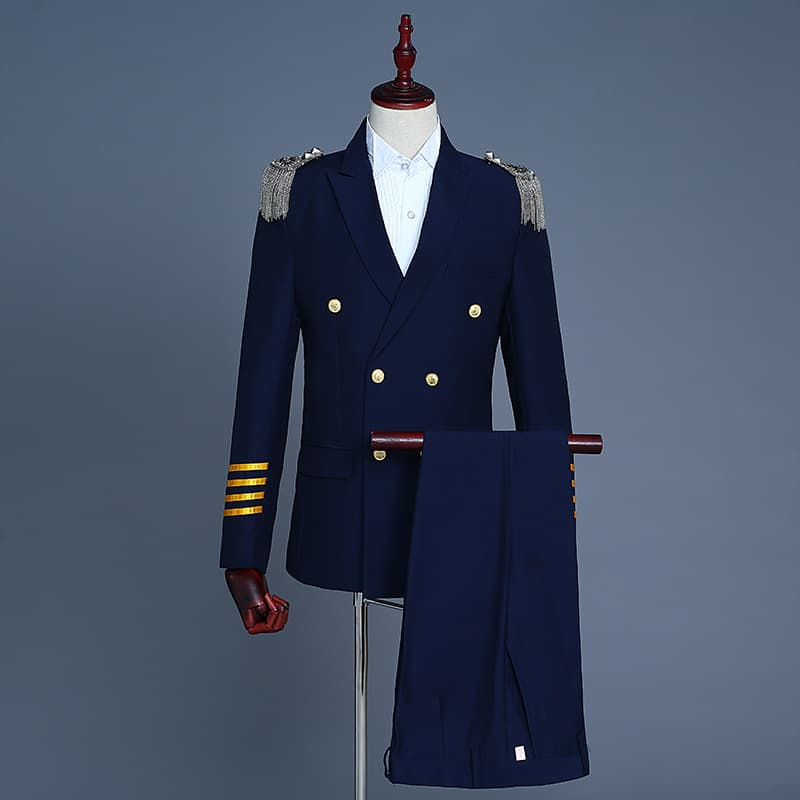 Men's Captain Suit Double-Breasted Suit Party Tassel Epaulette Military Uniform Performance Clothing Studio Photo Dress