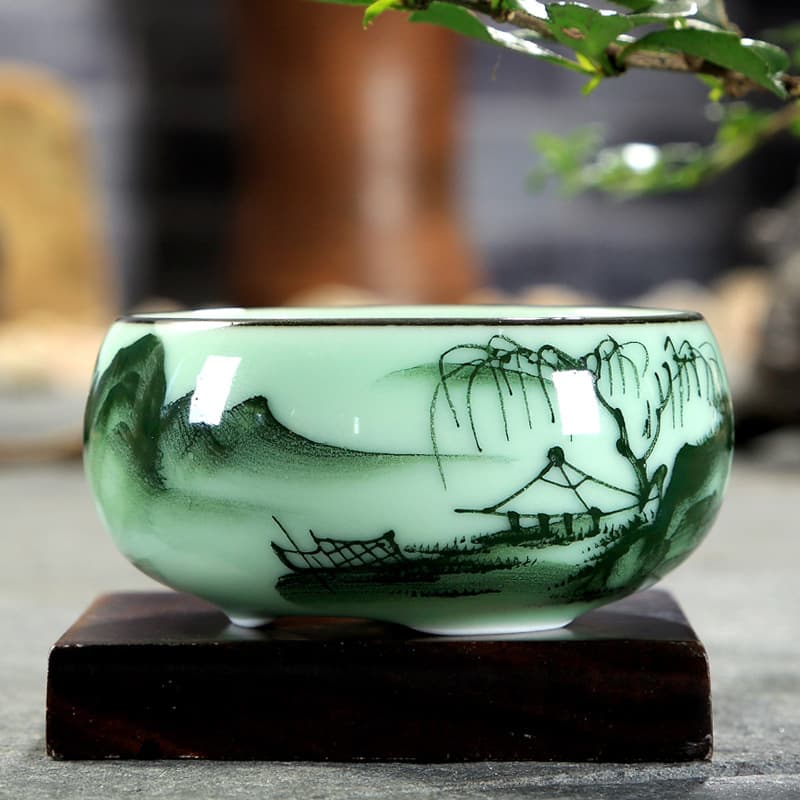 Qianfu Covered Bowl Celadon Tea Cup Set Ceramic Hand-painted Landscape Lotus Carp Tea Bowl Chinese Style Master Tea Tasting Cup