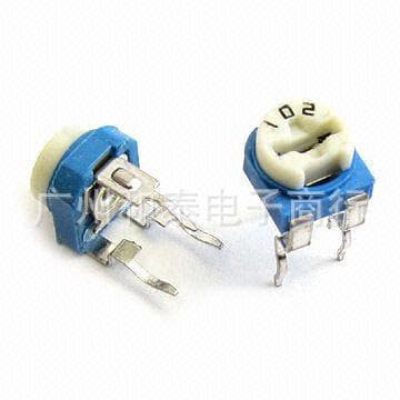Horizontal Blue and White WH06 Adjustable Resistors with Full Range of Values: 500R, 1K, 2K, 10K, 100K, 20K, 50K, 500K, 1M