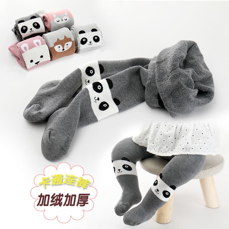 062 Winter Kids Terry Socks, Class A, Fleece-Lined, Thickened, Cartoon Cat and Panda Design, Brushed, Baby Tights