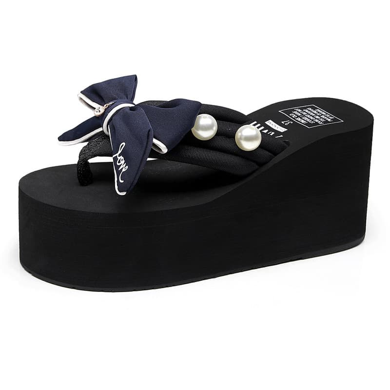 Shanjiao 8cm High Heel Flip Flops Handmade Bow Non-Slip Beach Vacation Slippers Fashion Women's Sandals