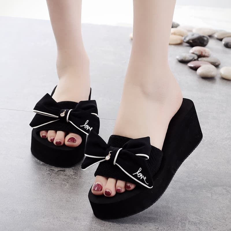 Shanjiao 6cm High Heel Slide Sandals with Handmade Bow, Non-Slip, for Beach Vacation, Travel, Fashion Women's Sandals