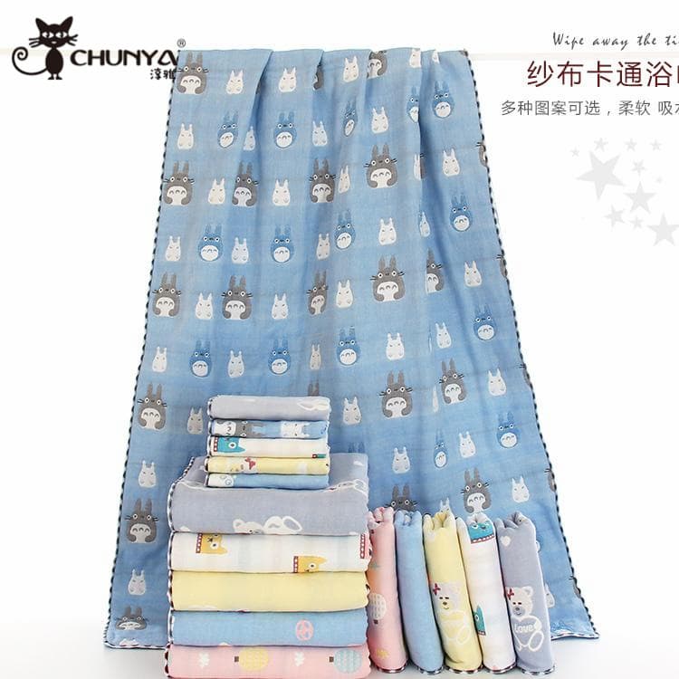6-layer gauze bath towel, 70*140cm, cartoon couple beach towel, bath towel, individually wrapped, super absorbent.
