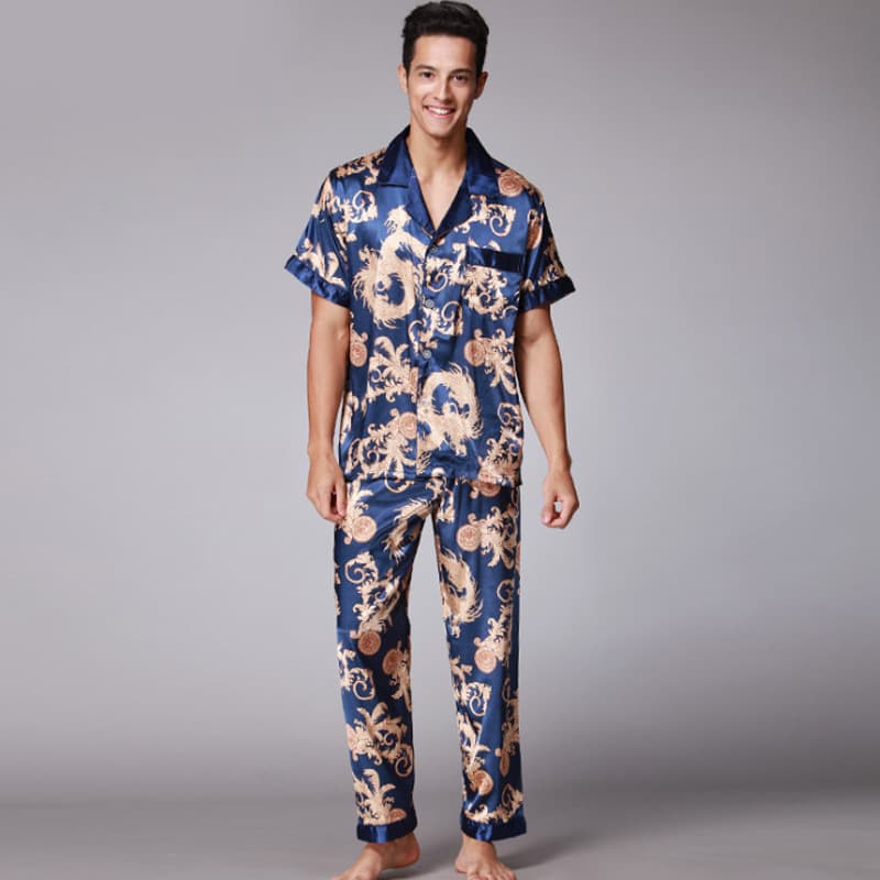 Yaoting Men's Short-Sleeved Pajama Set with Pants, Two-Piece Simple Casual Suit, Spring Printed Silk Homewear Tz033