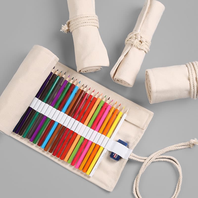 Simple Style Canvas Pencil Bag 12/24/36/48/72 Holes Sketching Colored Pencil Creative Roll Bag Color Plain Sail Canvas Box