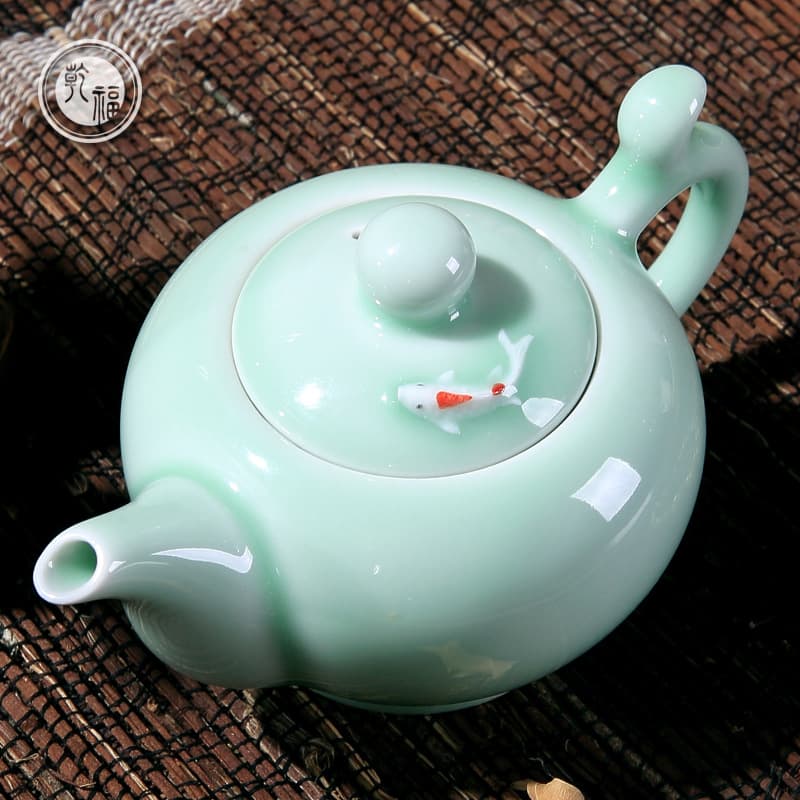 Qianfu Longquan Glaze Ceramic Teapot Hand-painted Carp Celadon Kung Fu Tea Set Household Kettle Wholesale
