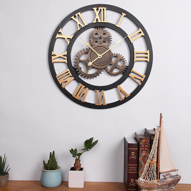 Industrial Vintage Gear Wall Clock Living Room Restaurant Bar Decor Creative Hanging Artwork Golden Silver Color High Density Board