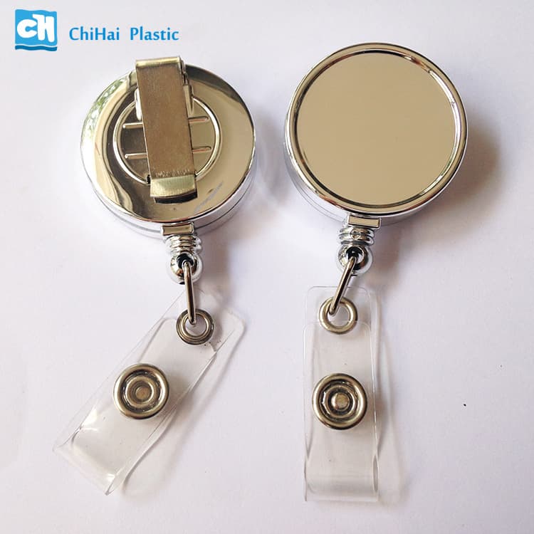 Plastic UV Plated Round Large Logo Space Pull-Tab Retractable ID Clip and Keychain, Retractable Keychain Pull-Tab