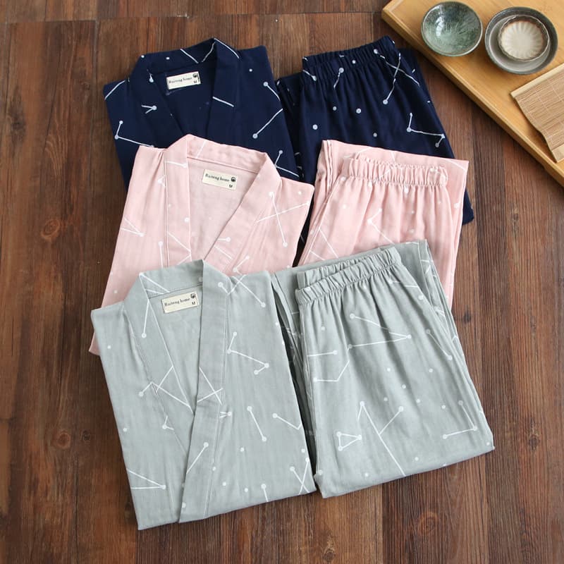 Japanese pajamas spring and autumn couple men and women kimono cotton and linen suit double-layer gauze Japanese sauna suit large size