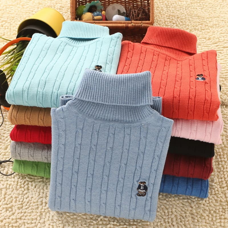 Children's Fleece-Lined High Neck Knit Cotton Undershirt T-Shirt, Autumn Winter, Medium to Large Kids, Soft Korean Style