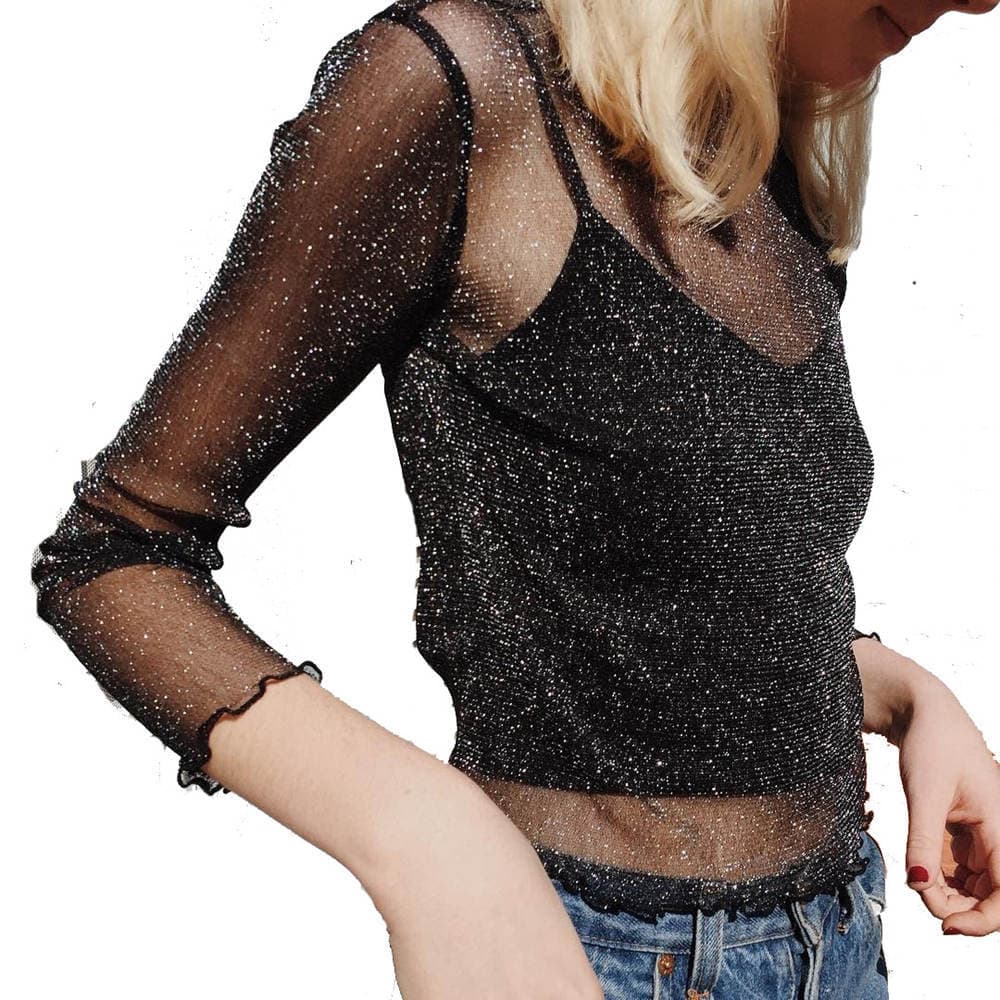 In Stock Sexy Mesh T-shirt Women's Long Sleeve Shiny European Style Base Layer Top Fashionable Versatile Top Crew Neck
