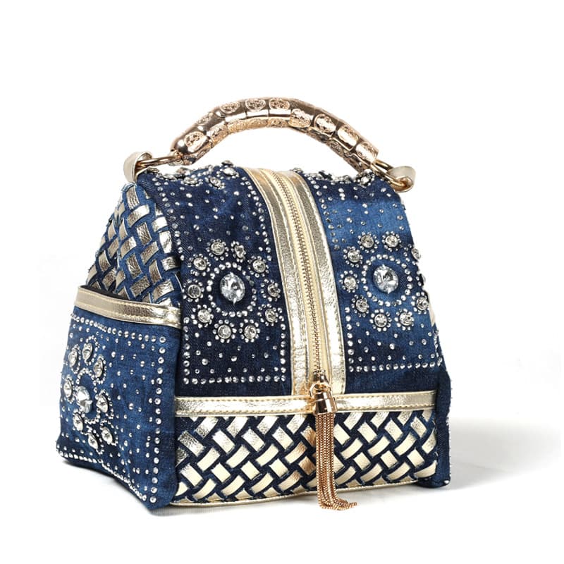 New Denim Woven Diamond Women's Bag Tassel Portable Shoulder Crossbody Large Rhinestone Small Bag with Diamond
