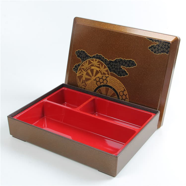 Red three-compartment high temperature resistant gold lunch box, cover printed Japanese restaurant dining box, business lunch box