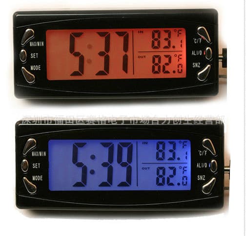 EC30 Car Clock with Glow-in-the-Dark Display, Car Thermometer and Voltmeter, Inside/Outside Temperature, Voltage Alarm
