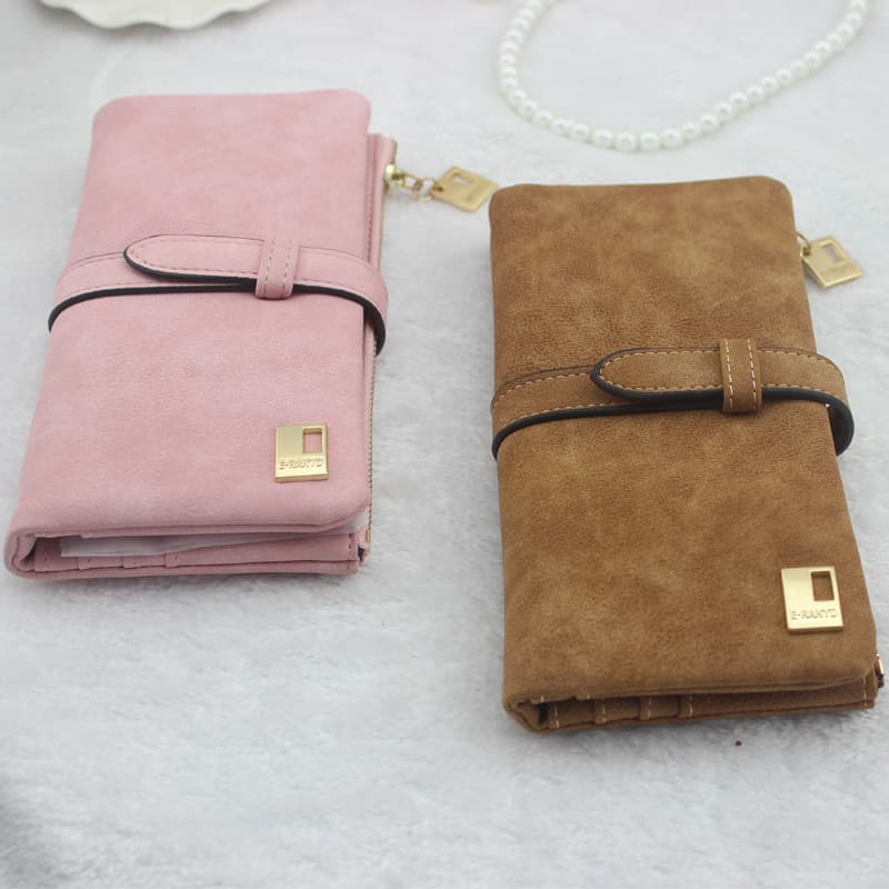 Trendy Korean-Japanese Style Women's Long Wallet with Drawstring, Contrast Color Matte Finish, Multiple Card Slots, In Stock