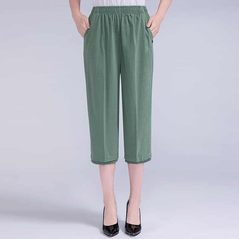 Women's Mid-Length Elastic Waist Summer Capri Pants for Middle-Aged and Elderly, Solid Color Cotton Casual Pants