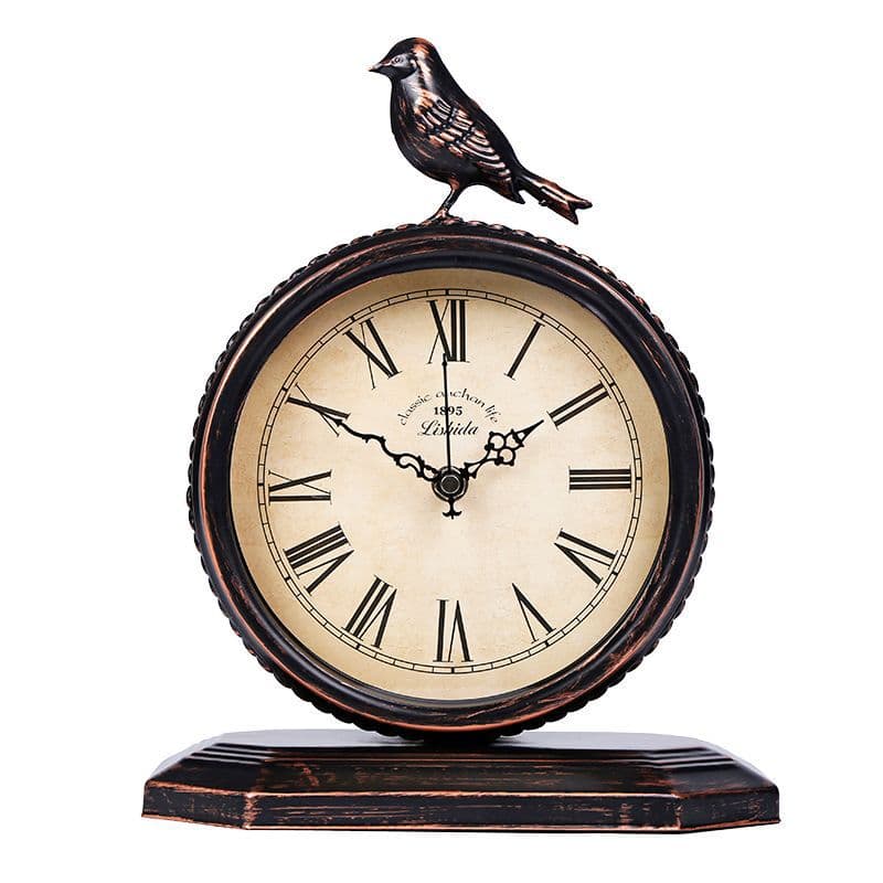 American country style retro wrought iron silent table clock, fashionable and unique European style desktop clock, bedside table antique clock, bird clock