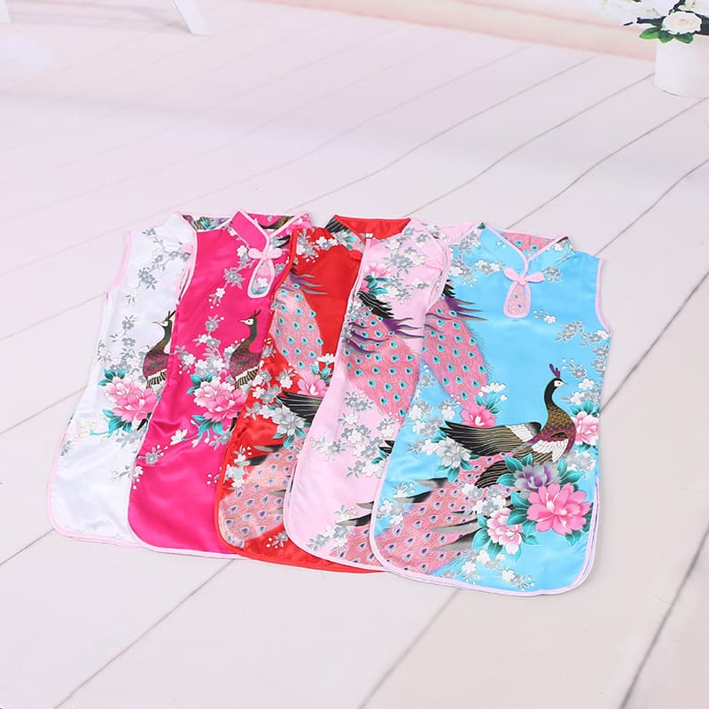 Drop Shipping Peacock Style Children's Silk Single Hole Stand Collar Summer Girl's Small Cheongsam Dress Manufacturer Wholesale