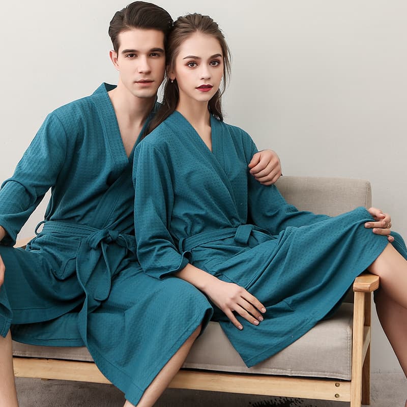 Spring/Summer Lightweight Waffle Bathrobe for Women, Couples Robe, Unisex Three-Quarter Sleeve Korean-Style Bathrobe, Absorbent