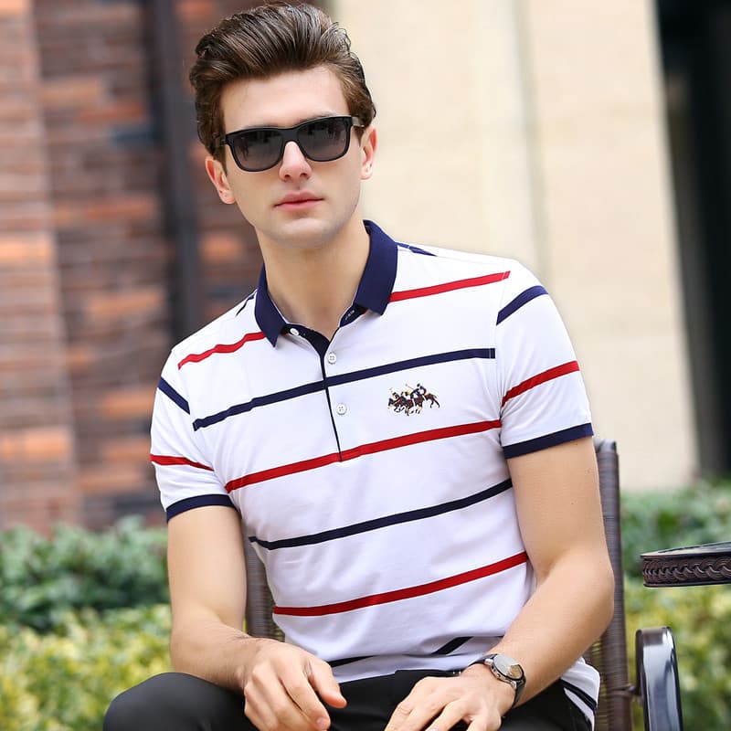 Mingdi Mouse Men's T-Shirt, Short-Sleeved, Youthful Lapel, Pure Cotton, Business Summer Striped Slim-Fit Half-Sleeve T-Shirt