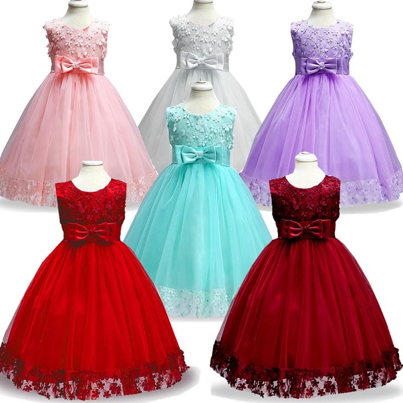 Children's Princess Dress with Bow, Lace Tutu for Girls, Wedding Party Performance Costume