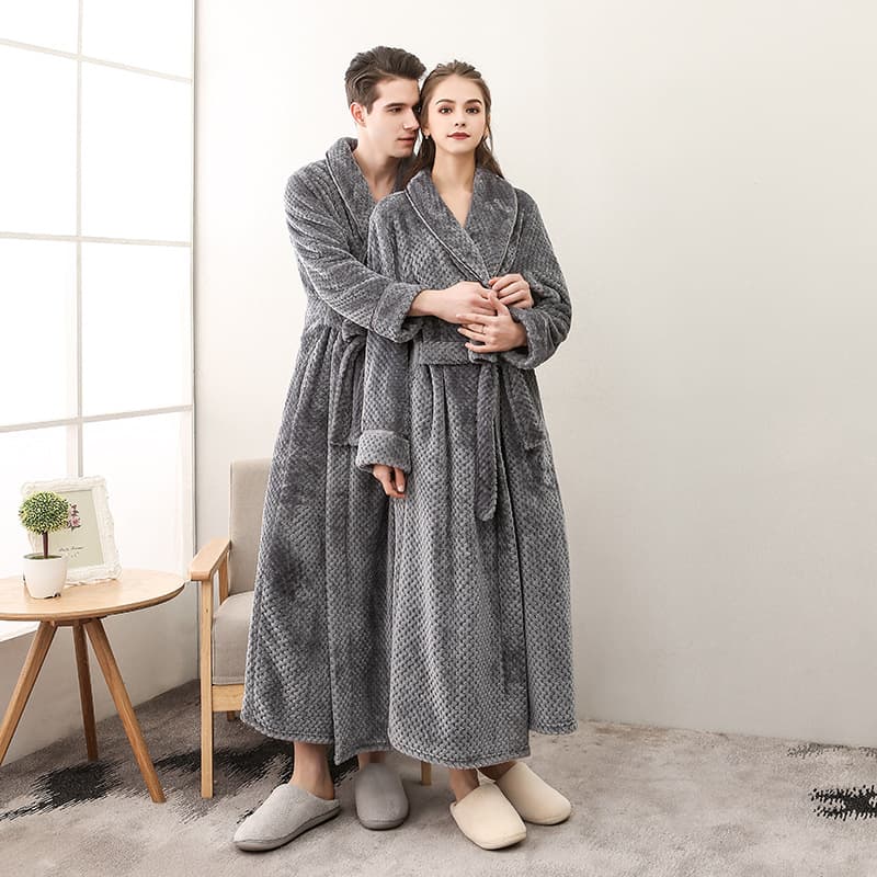 Autumn/Winter Thickened White Robe for Men Women Couples' Sleepwear Waist-Tied Fleece Bathrobe Extra Long