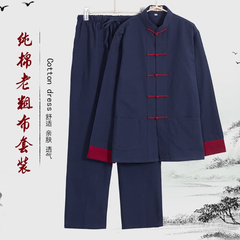 Chinese-style middle-aged and elderly pure cotton coarse cloth Tang suit men's dad grandpa top Chinese style retro improved Hanfu set