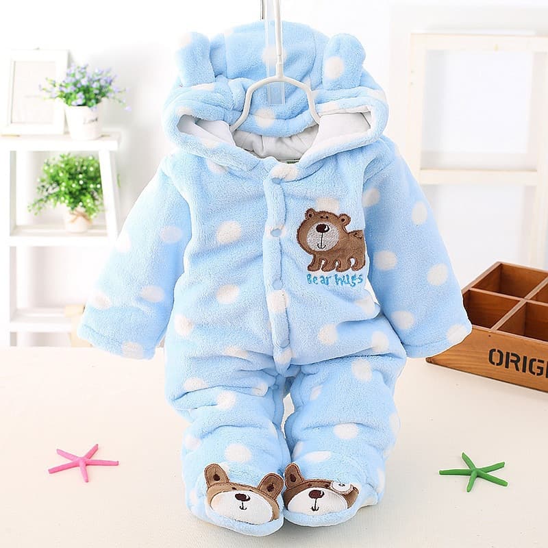 Drop Shipping Baby Romper Polka Dot Bear Coral Fleece Footed Bodysuit Fall Winter Outwear Crawling Suit Footed