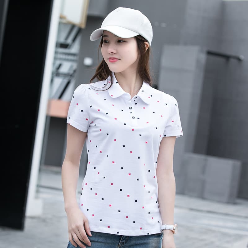 Short Sleeve Polo Shirt Women's Spring Summer Print Versatile Turn-down Collar Casual Ladies Top City Leisure Cotton T-shirt