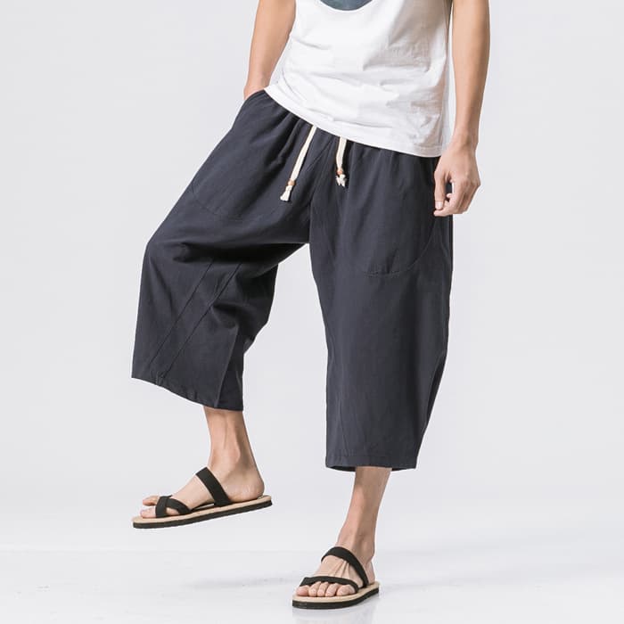Chinese Style Cotton Linen Men's Cropped Wide Leg Pants Loose Casual Linen Pants Japanese Summer Breathable Harem Pants