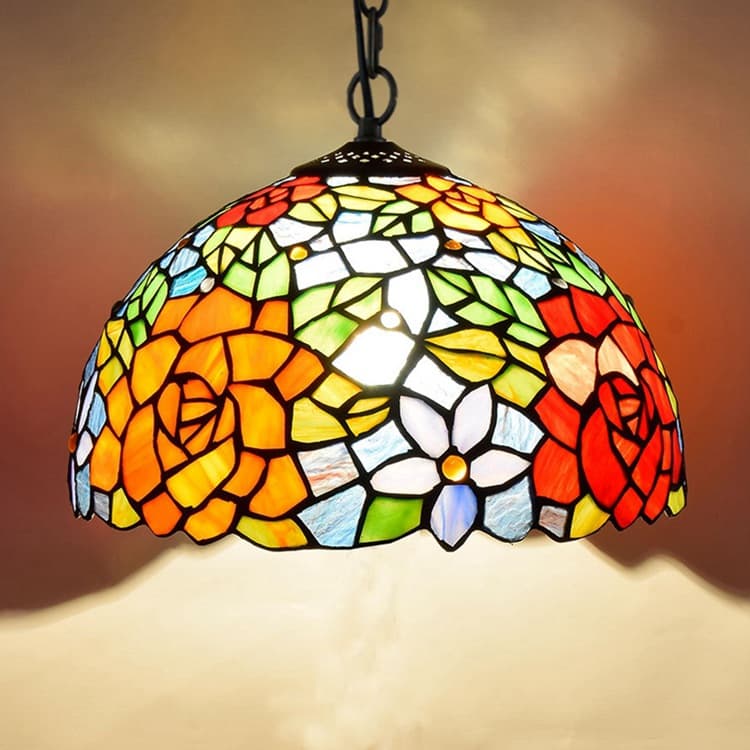 Ouhao Tiffany Rustic Creative Art Stained Glass Vintage Restaurant Pendant Light Red Rose 12-Inch Lamp
