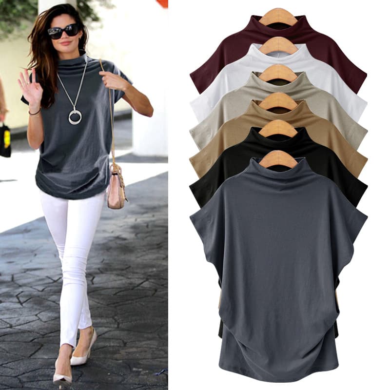Women's Short Sleeve T-Shirt Spring Summer New Half High Neck Base Layer Korean Style Versatile Mid-Length Loose Fit Top Plus Size