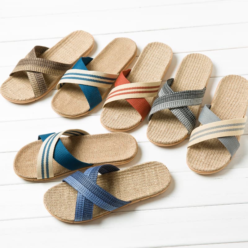 Linen Slippers for Home, Indoor Slippers for Wood Floor, One-Strap Silent Non-Slip Thick Sole Summer Sandals for Men and Women