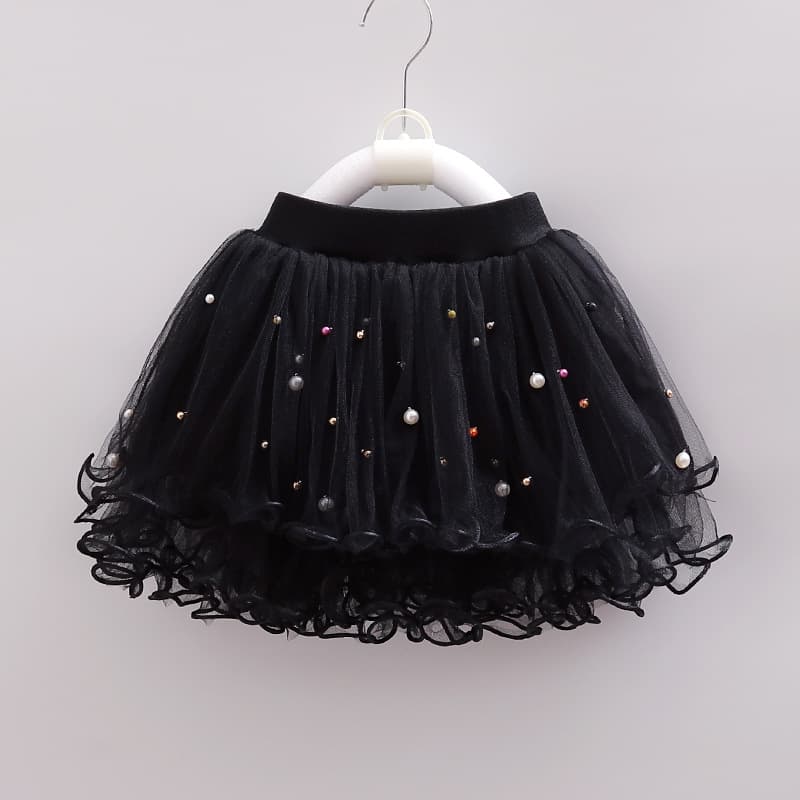 Spring Versatile Mid-Small Kids' Short Skirt, Girls' Tulle Skirt with Beading, All-Season Puff Underskirt