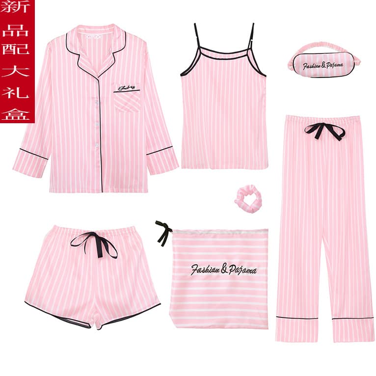 Women's Pajama Set - Spring, Autumn, Summer Four-Season Seven-Piece Set: Long-Sleeved, Shorts, Sleeveless, Striped Silk Homewear Suit, Pajamas for Export