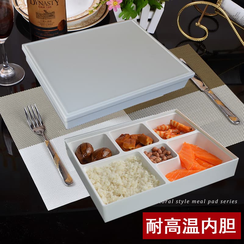 Business Meal Box Melamine Six-compartment Bento Box Fast Food Box Japanese Sushi Box Wood Grain Lid