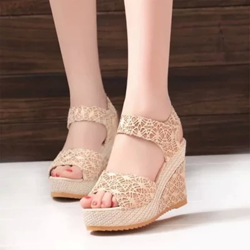 Summer Wedge Sandals with Hook-and-Loop Thick Platform and Lace Hollow Heel for Women