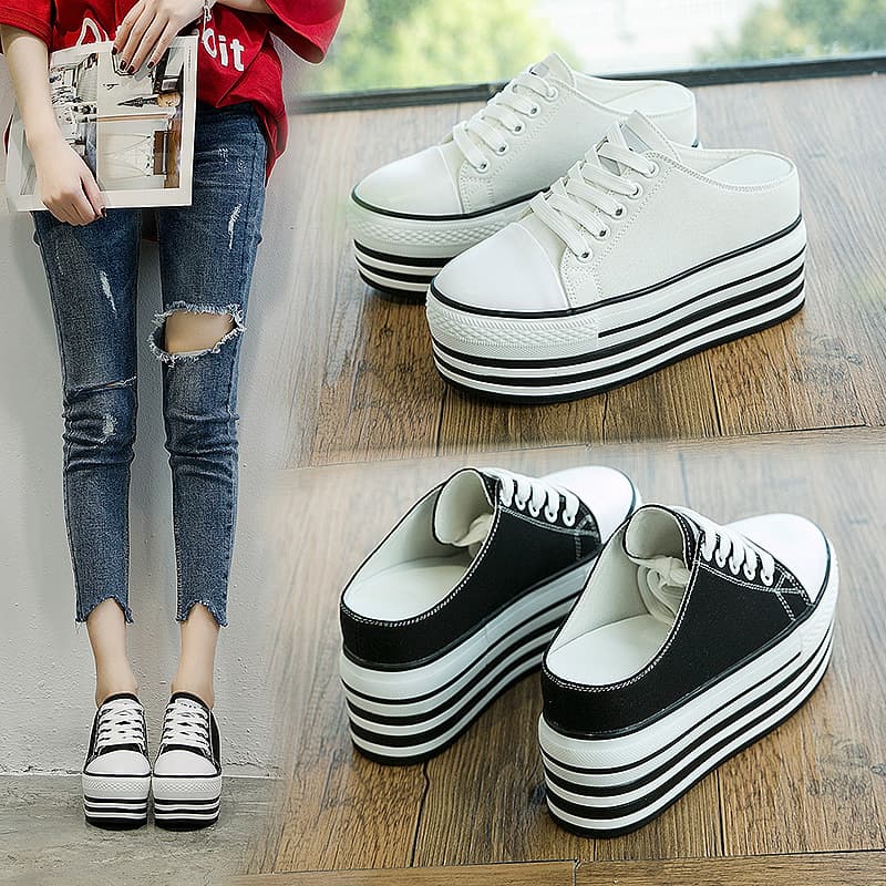Spring and summer new casual shoes for women with increased canvas toe-toe women's slippers round-toe lace-up thick-soled women's shoes