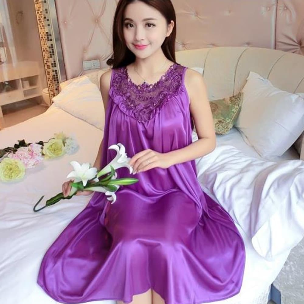 Summer simulated silk nightgown for women, sexy and fun pajamas, summer ice silk lace large hem skirt, solid color home clothes, drop shipping