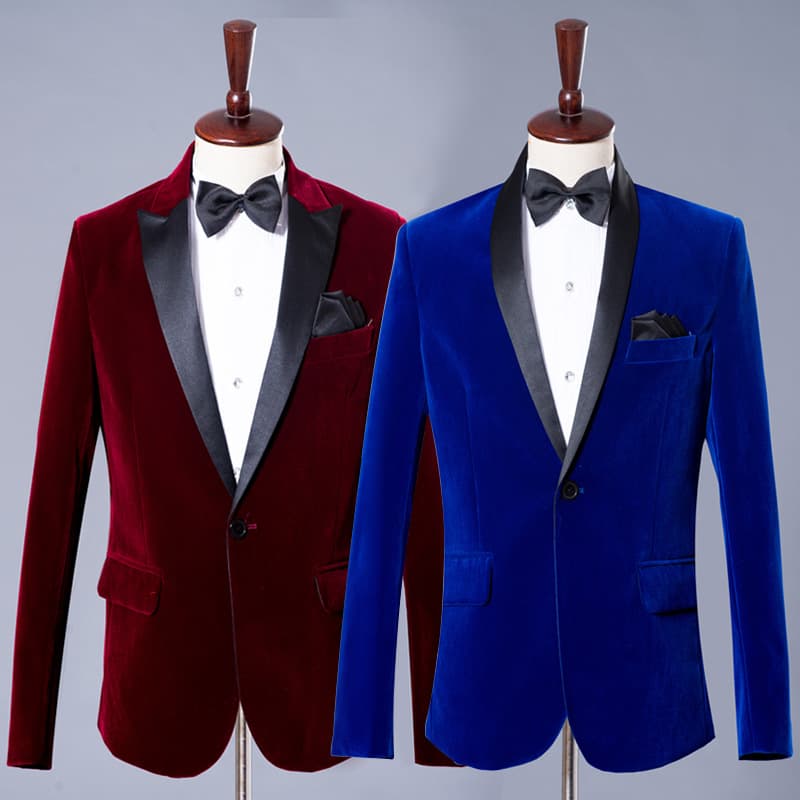 Men's Casual Formal Suit Set Host Blazer Singer Performance Suit Groom Business Formal Wine Red Velvet Royal Blue