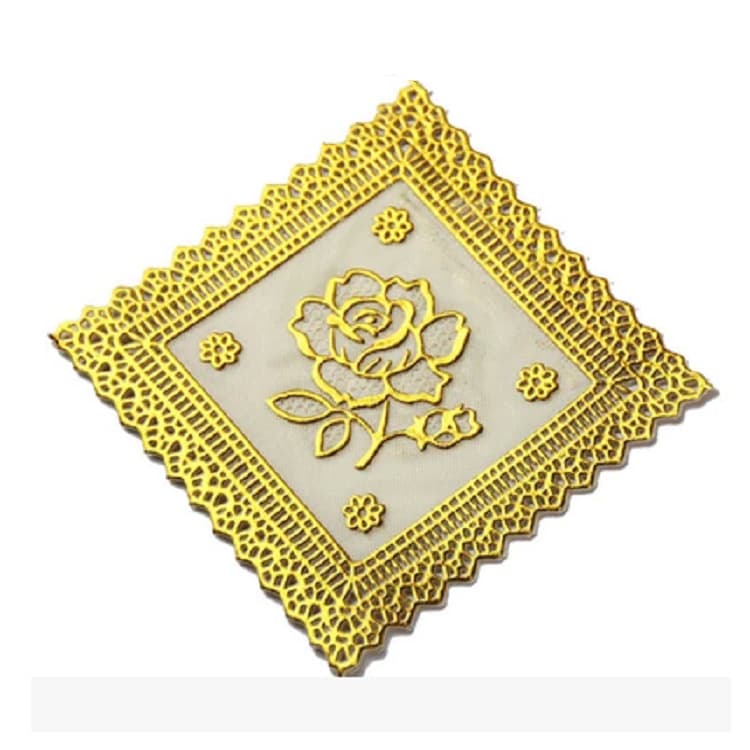 Supply Stock PVC Gold/Silver Stamping Placemats, 12 Square Cut-out Pattern Coasters, Heat Insulation Bowl and Plate Pads Wholesale