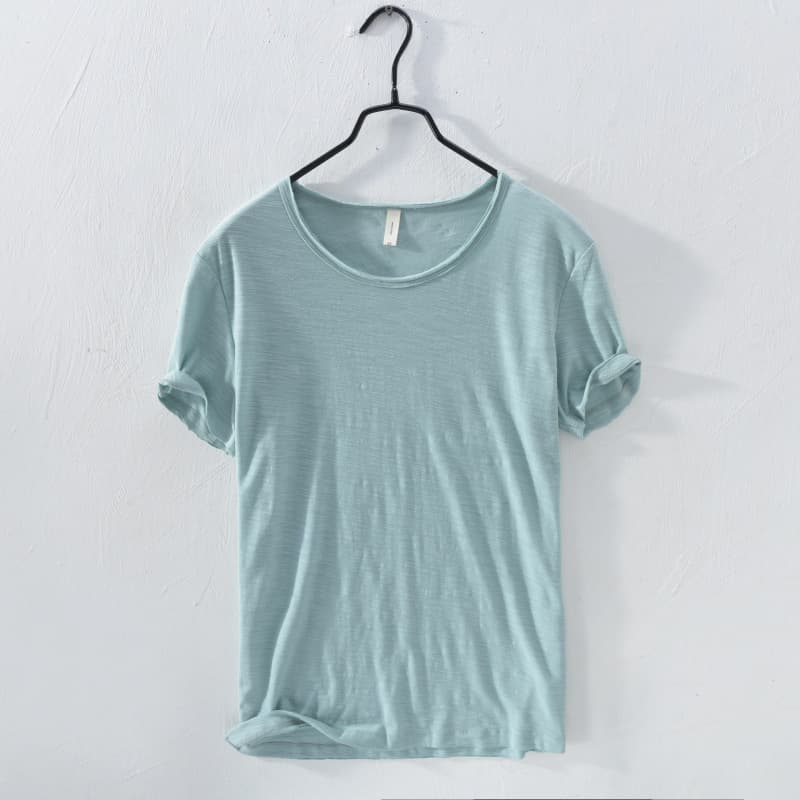New Summer Men's Slub Cotton Slim Fit Short Sleeve T-Shirt Korean Round Neck Rolled Hem Solid Color Undershirt Men's Clothing Wholesale