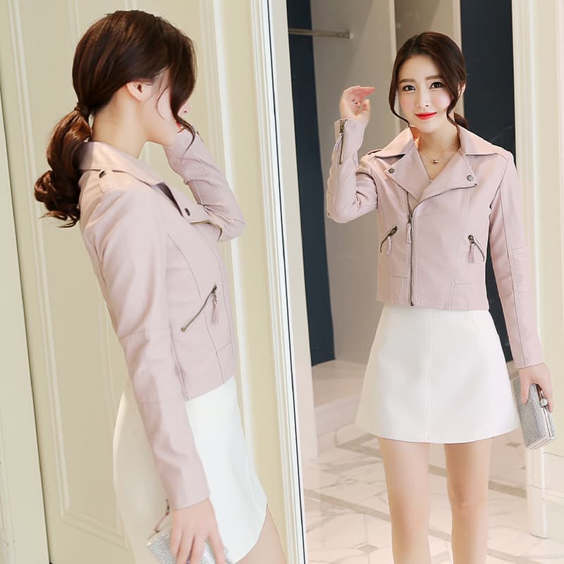 Spring 2024 New Pink PU Leather Jacket Women Short Coat Korean Style Slim Fit Versatile PU Leather Outerwear