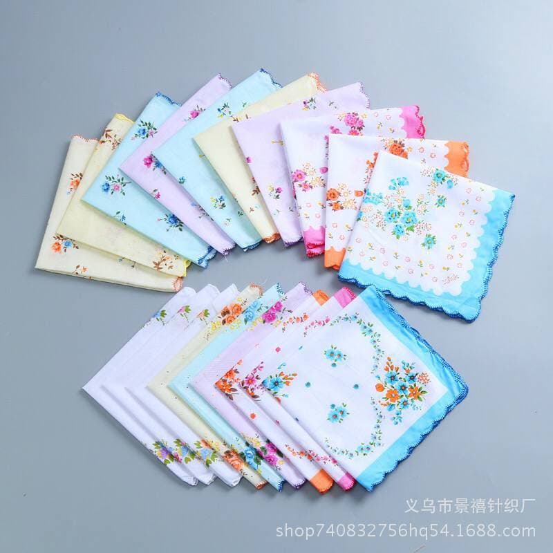 Small floral cartoon crescent trim white cotton handkerchief, women's hand towel, tea towel, logo printed.