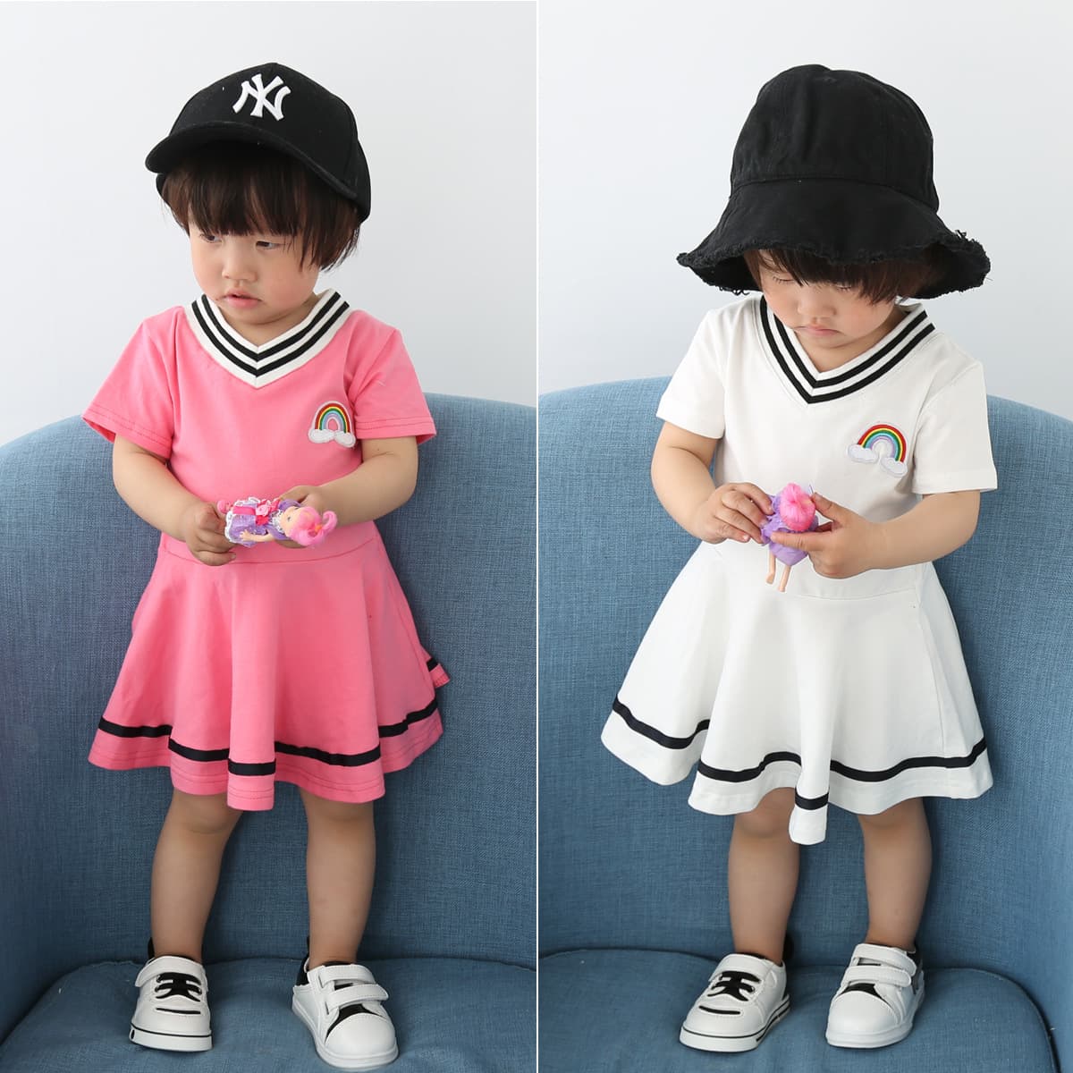 New Summer Girls' College Style Ruffle Dress, Toddler Cotton V-Neck Dress with Embroidered Short Sleeves