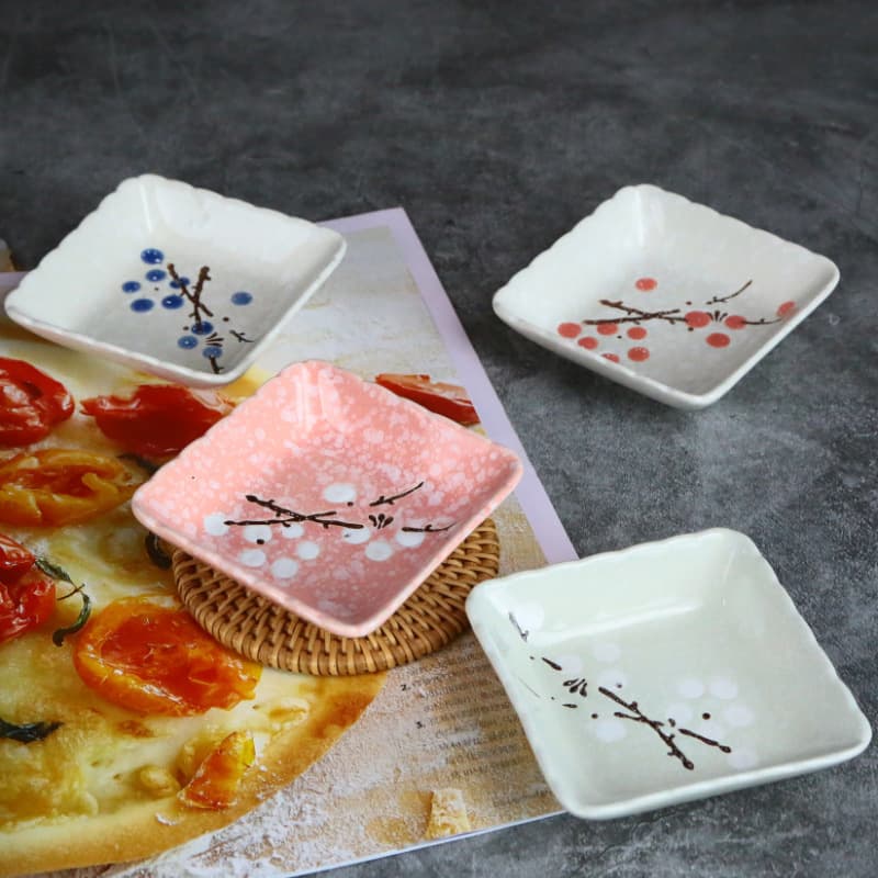 Set of 4 Japanese Creative Hand-Painted Underglaze Ceramic Dipping Sauce Dishes, Hot Pot Small Plates, Gift Box Set